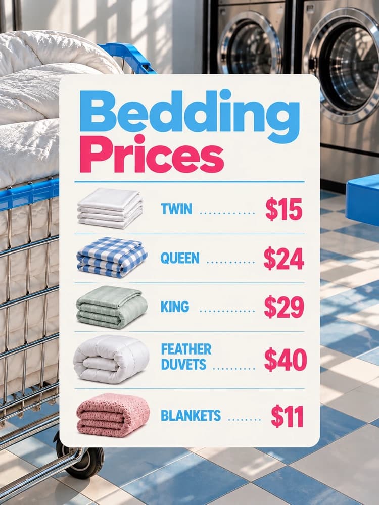 Pretty Laundry bedding prices: Twin $15, Queen $24, King $29, Feather Duvets $40, Blankets $11