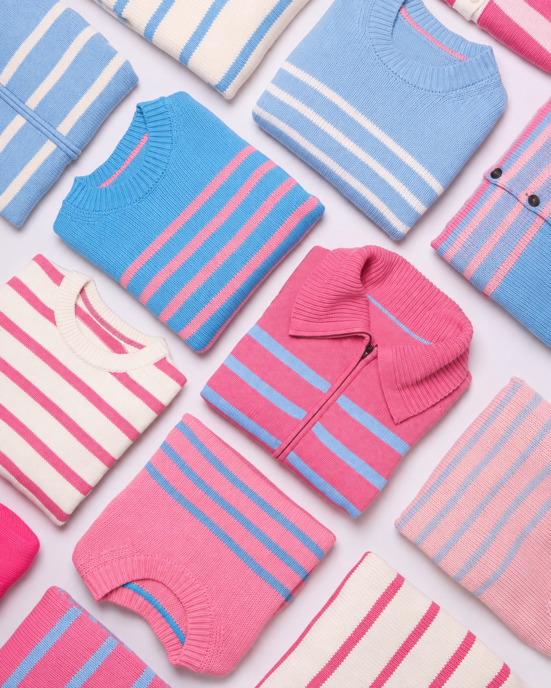Neatly folded pink and blue striped sweaters — wash, dry and fold laundry service in Hialeah, FL